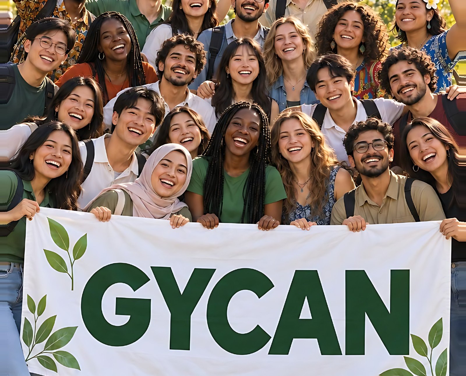 Young people from around the world holding a GYCAN banner