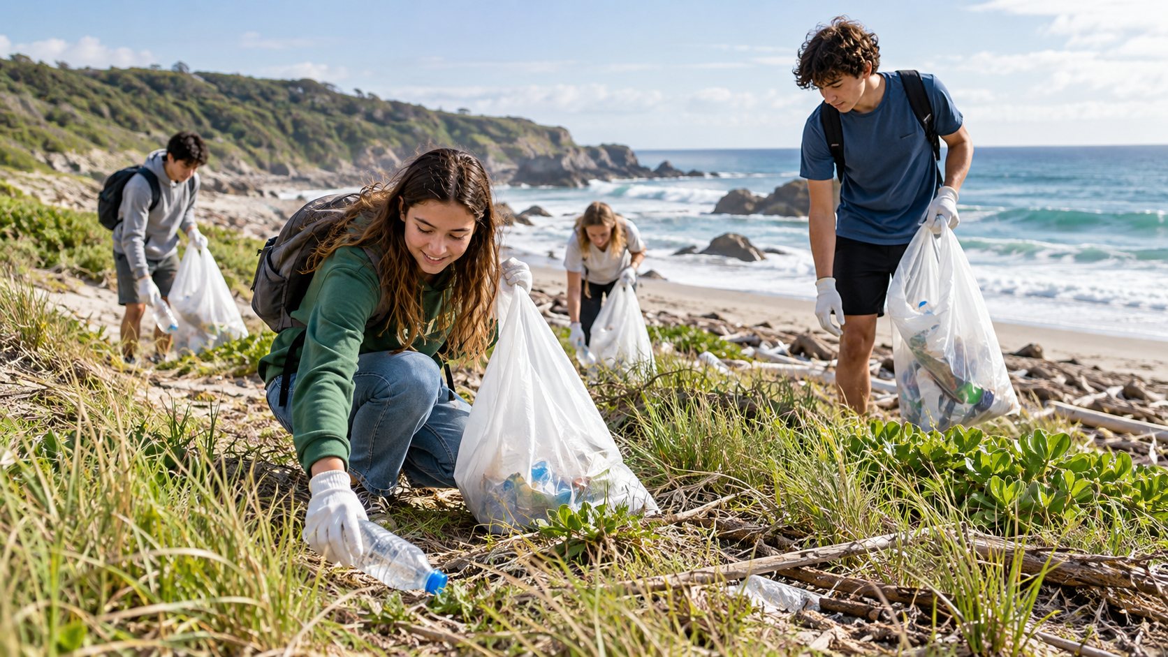 Students collecting litter on a coastal shoreline
