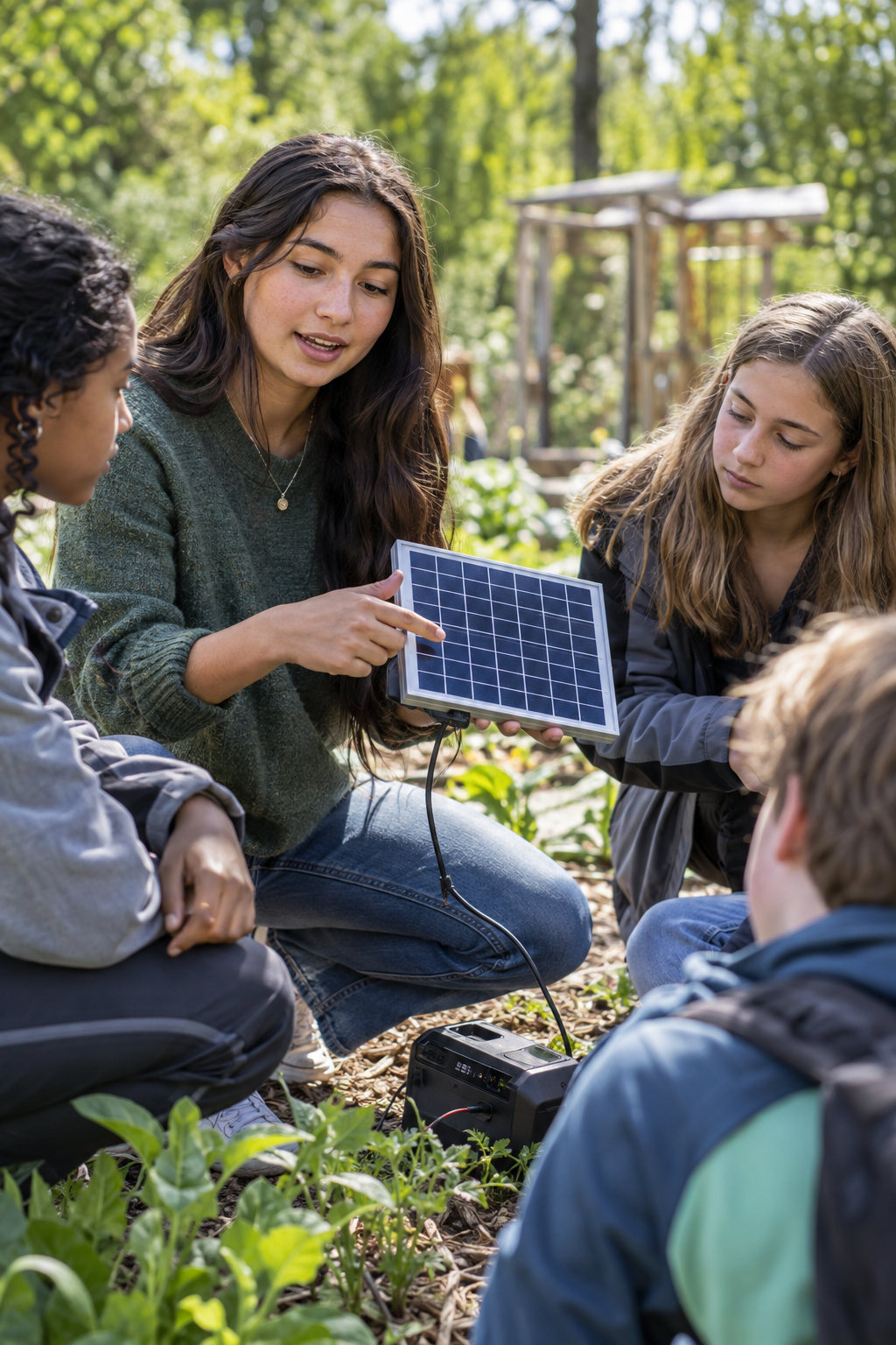 A student explaining a small solar panel to classmates